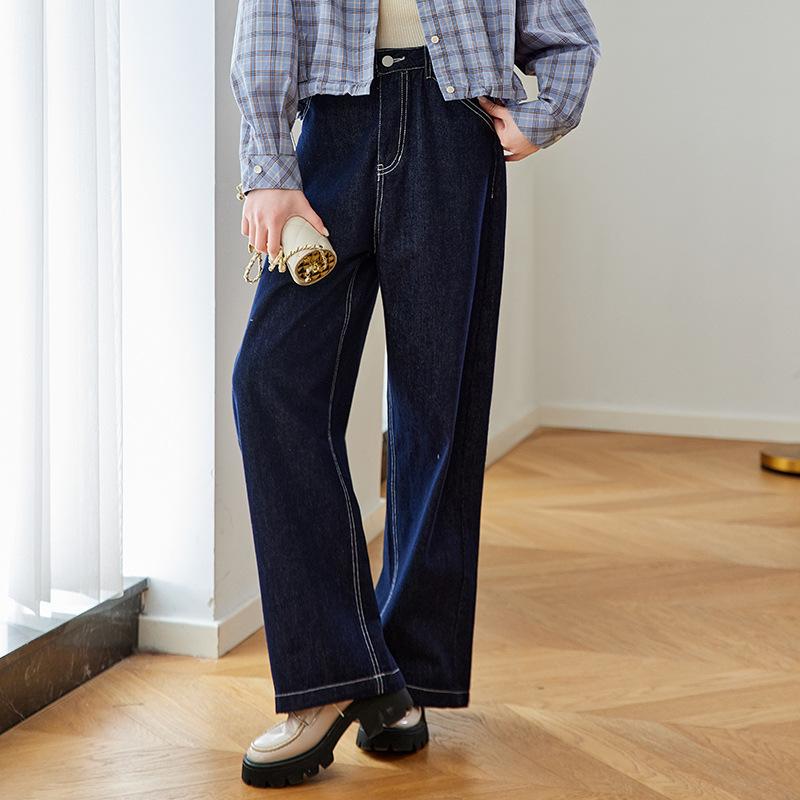 Navy High Waist Wide-leg Jeans for Women In Spring and Summer New Style Slimming and Draped Retro Straight-leg Floor Trousers