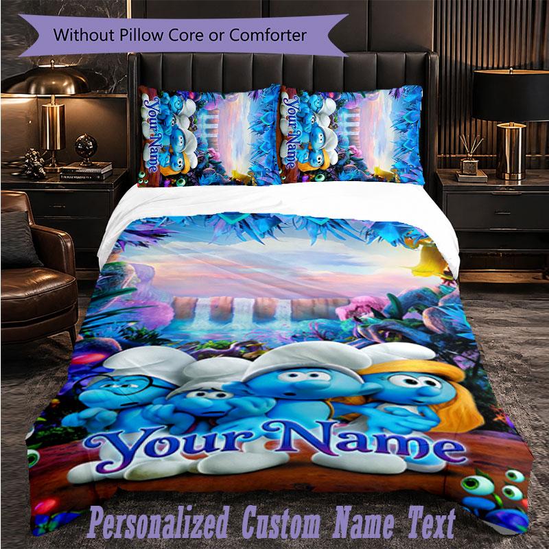 Personalized 3Pcs Bedding SetSmurfs Custom Text Duvet Cover Pillowcase Set Bedroom Gift
