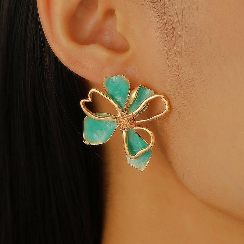 Vintage Colored Drop Glazed Double-Layer Flower Stud Earrings for Women Temperament Unique Metal Petal Earrings Fashion Jewelry
