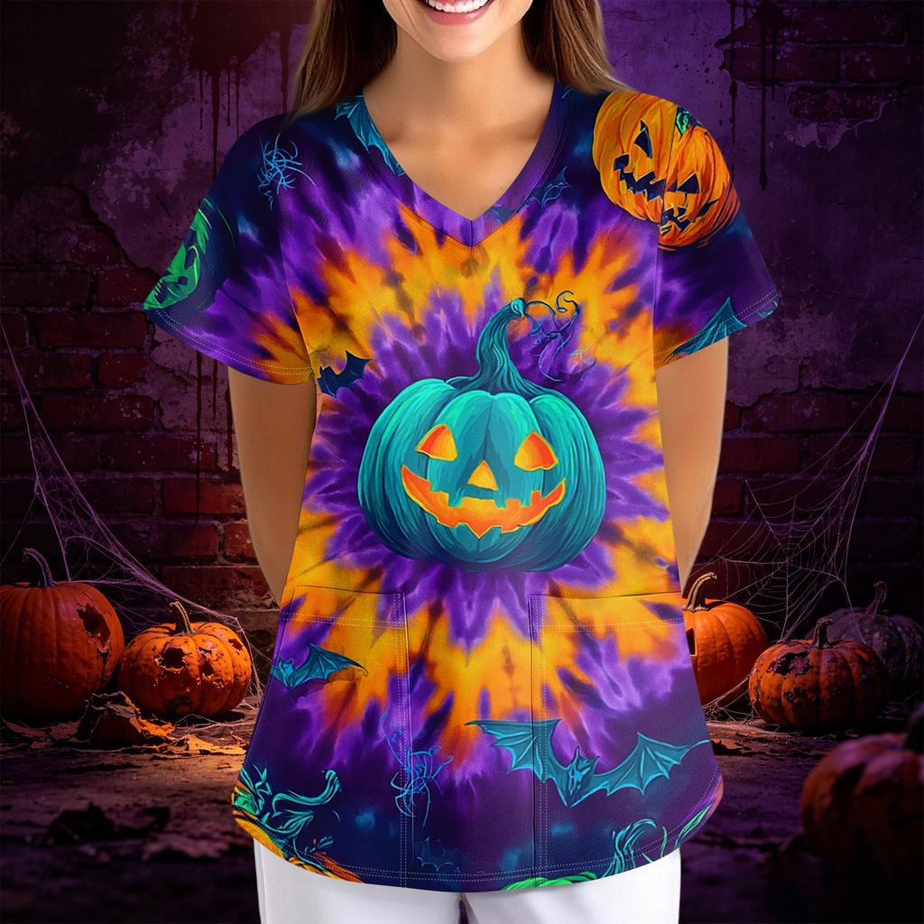 Women's Halloween Print Loose V-Neck Short Sleeve Pocket Uniform Top Scrub Costume Cosplay for Adult Women