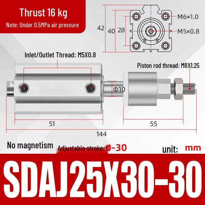 Adjustable Stroke Pneumatic Thin Cylinder - Piston Rod Sizes: 16/20/25/32/40/63