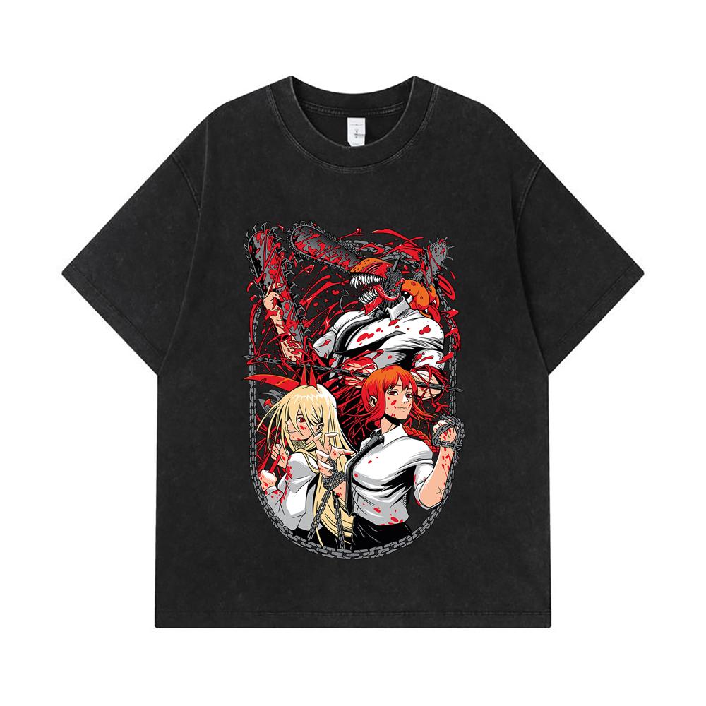 275 GSM Washed T-shirts 100% Cotton Chainsaw Man V20 Print Unisex Heavy Cotton T Shirt