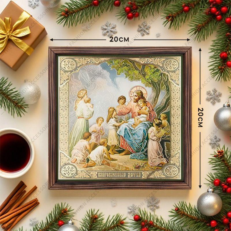 

Декоративная роспись православных икон, Освященная икона Благословение детей , Роспись фоторамки, Христианское настенное искусство, 20см*20см, Духовный декор в подарок 20cm*20cm