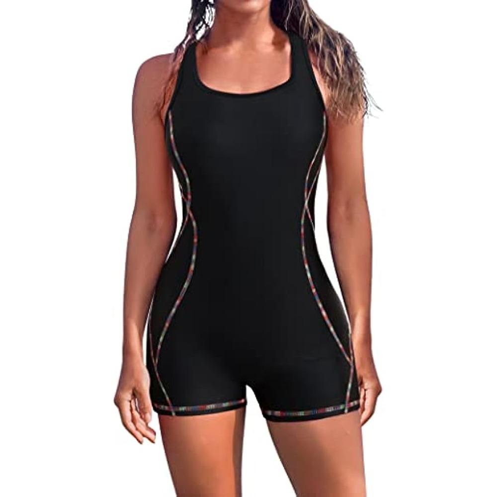 Anfilia Einteiliger Damen-Sport-Badeanzug, rückenfrei, Boxer, konservativer Badeanzug, Patchwork, Strandkleidung, Badeanzug