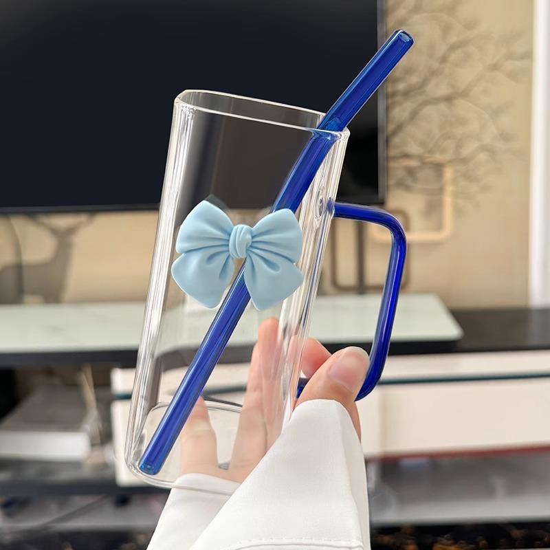 Lovely Delicate Bownot Glass Cup with Straws and Lids, Lemon Tea Cup, Milk Cup For Home, Office, Dining Room