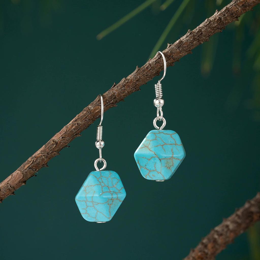 Multiple Design Vintage Natural Turquoise Stone Drop Earrings for Women Silver Color Stone Beads Dangle Earrings