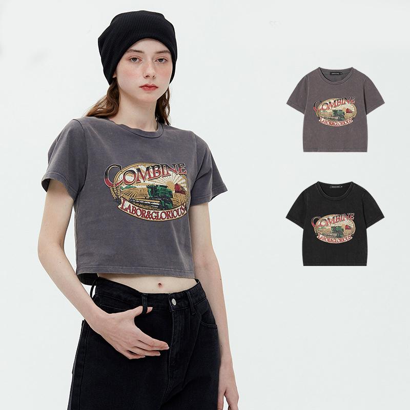 

Летняя тонкая короткая тонкая женская футболка с коротким рукавом в стиле ретро для девочек, универсальная футболка с круглым вырезом для девочек