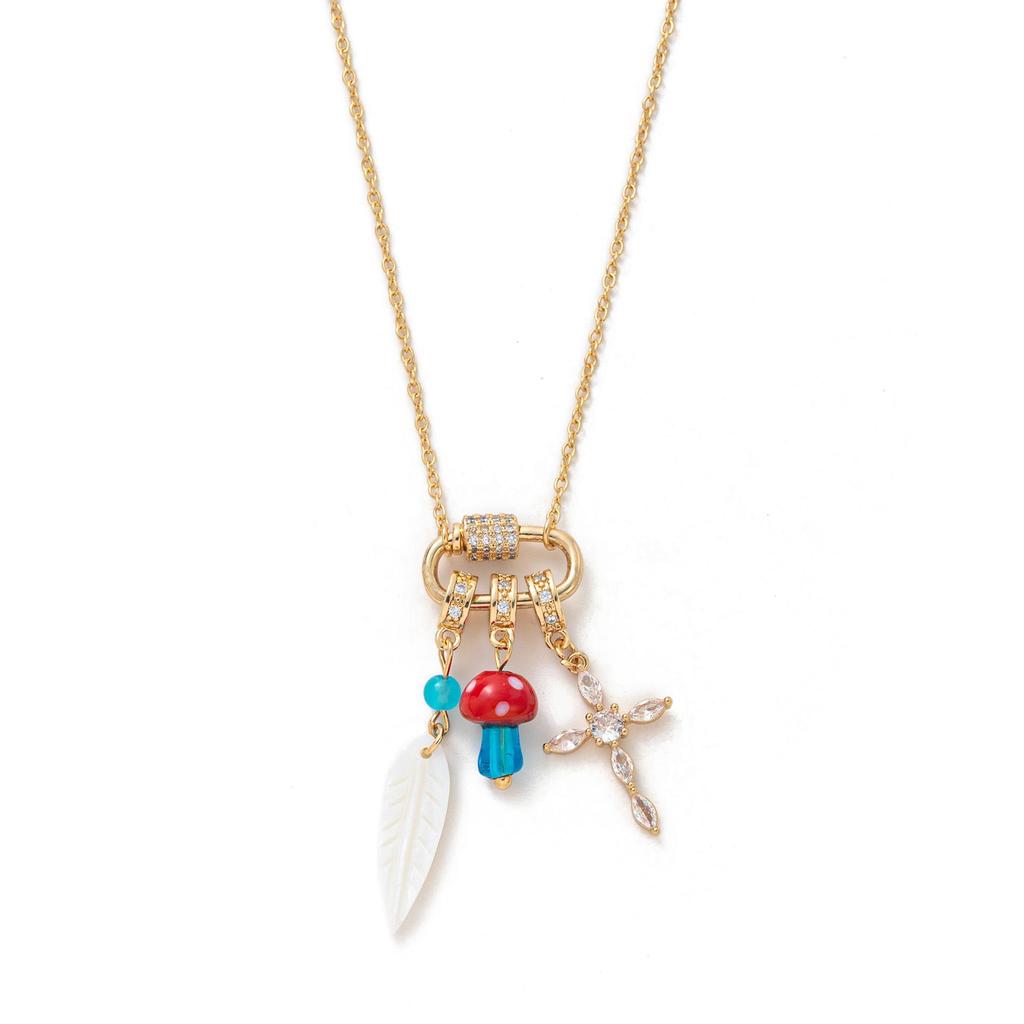 18K Gold Plated Multi-Pendant Necklace with Cross, Mushroom, Heart, Star, Pearl & Starfish on Titanium Steel