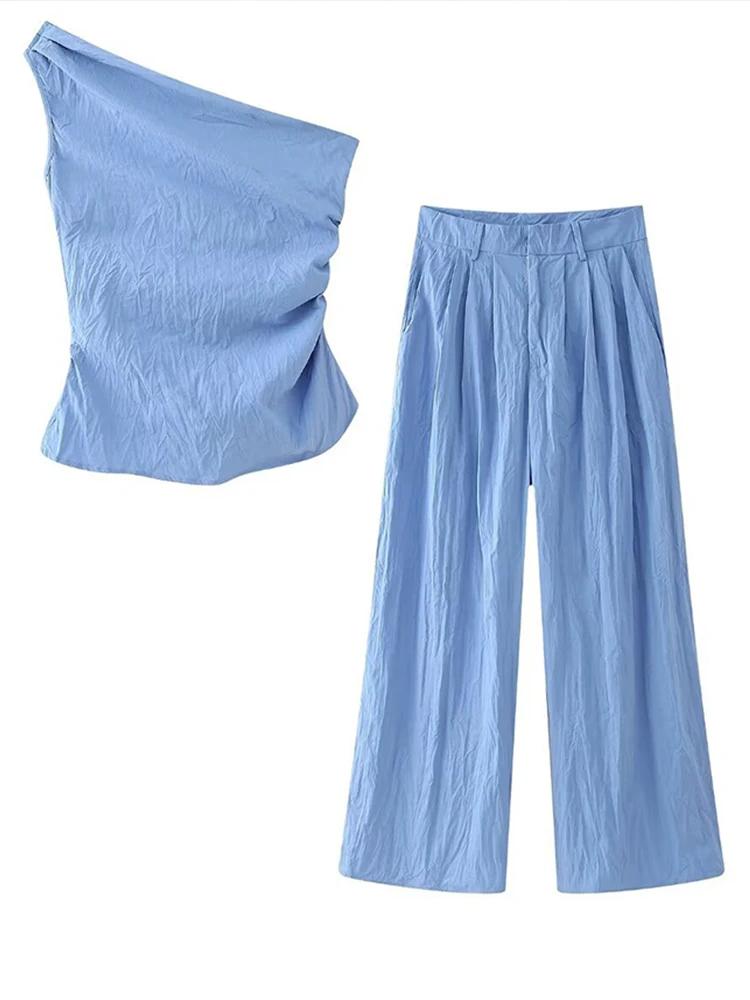 

Элегантный стиль, летний комплект из двух предметов без рукавов, нерегулярные топы на одно плечо + плиссированные мешковатые брюки, женские лоскутные повседневные однотонные костюмы, модные костюмы S синий
