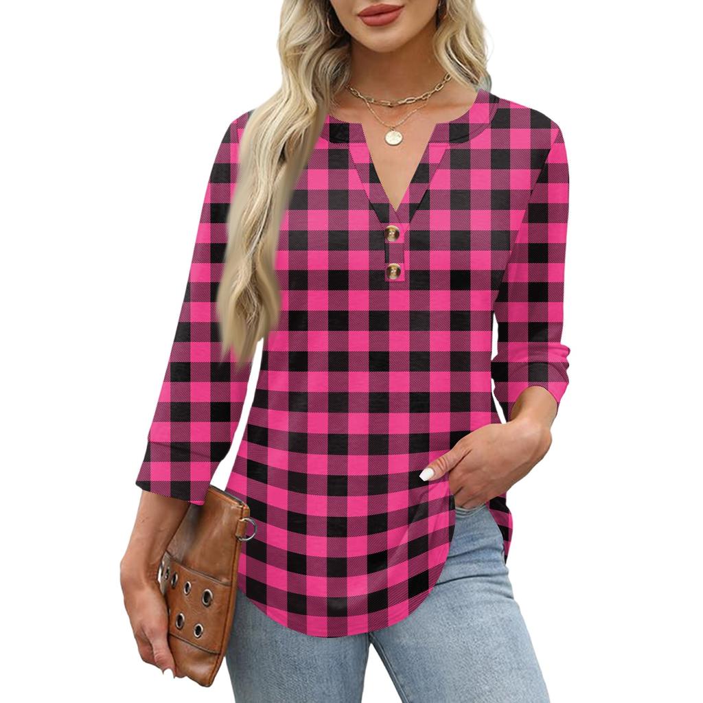 Damen Freizeit Karo Print Ausschnitt 3/4 Ärmel T-Shirt Top für den Alltag und das Wochenende