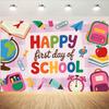Feliz Primer Día de Escuela Fondo Fotográfico Dibujos Animados Papelería Mochila Globo Niños Guardería Vuelta al Cole Foto