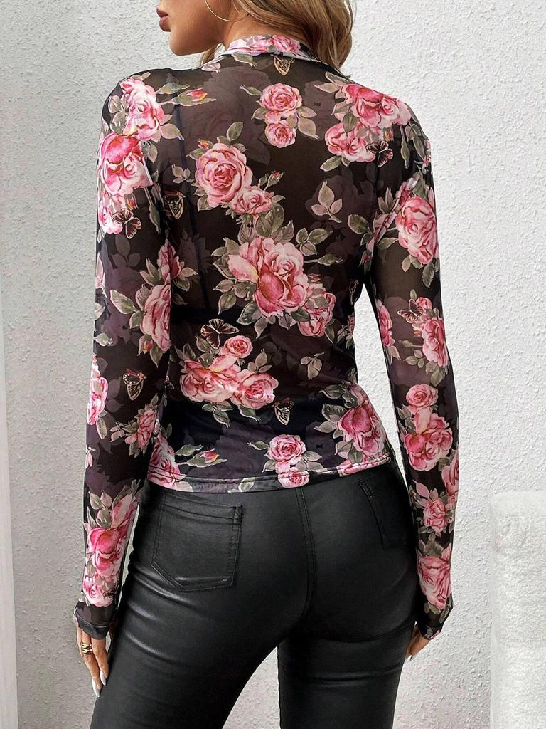 Elegant Rose Floral Mesh Slim-Fit Top for Women - Autumn/Winter Collection