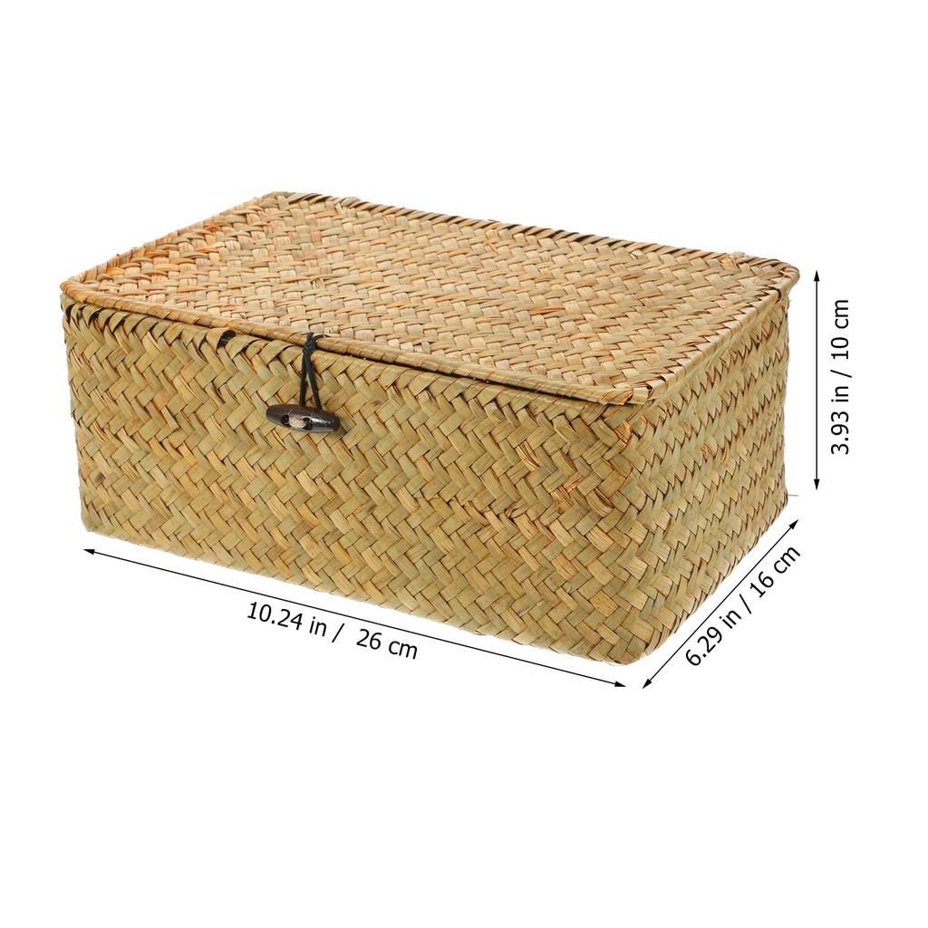 POPETPOP Suit Rattan Storage Basket with Lid, Seagrass Storage Basket, Rectangular Storage Basket, Bathroom Towel Basket, 26x16x10cm