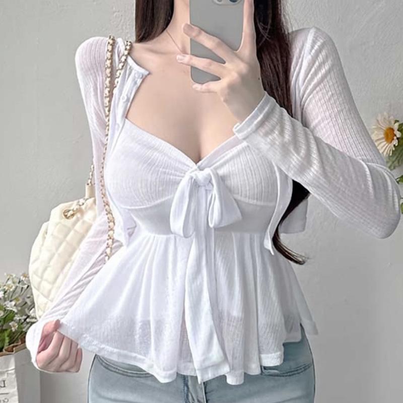 Ensemble deux pièces pour femme Dongdaemun Coréen - Haut à bretelles nœud & Cardigan - Amincissant, Sexy, Désir Pur