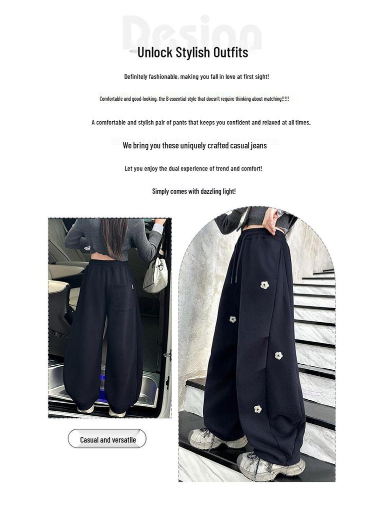 Stylowe spodnie dresowe dla dziewcząt na jesień 2025 z haftowanymi kwiatami