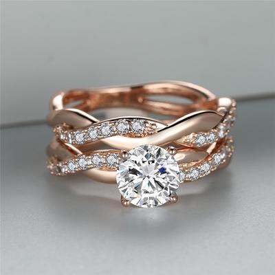 Γυναικείο Κομψό Ροζ Χρυσό Χρώμα Twist Στρογγυλό Κοψίματα Λευκή Πέτρα CZ Σετ Δαχτυλίδι Ζιργκόν Σετ Νυφικό Δαχτυλίδι Αρραβώνα Γάμος Επετειακό Δώρο Μέγεθος 5-13