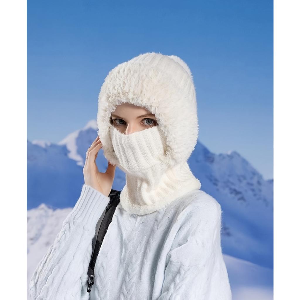 Women's Winter Hat Face Mask and Plush Earrings - Soft and Warm Full Face and Head Cover- Soft Fleece Lining Women's Winter Hat