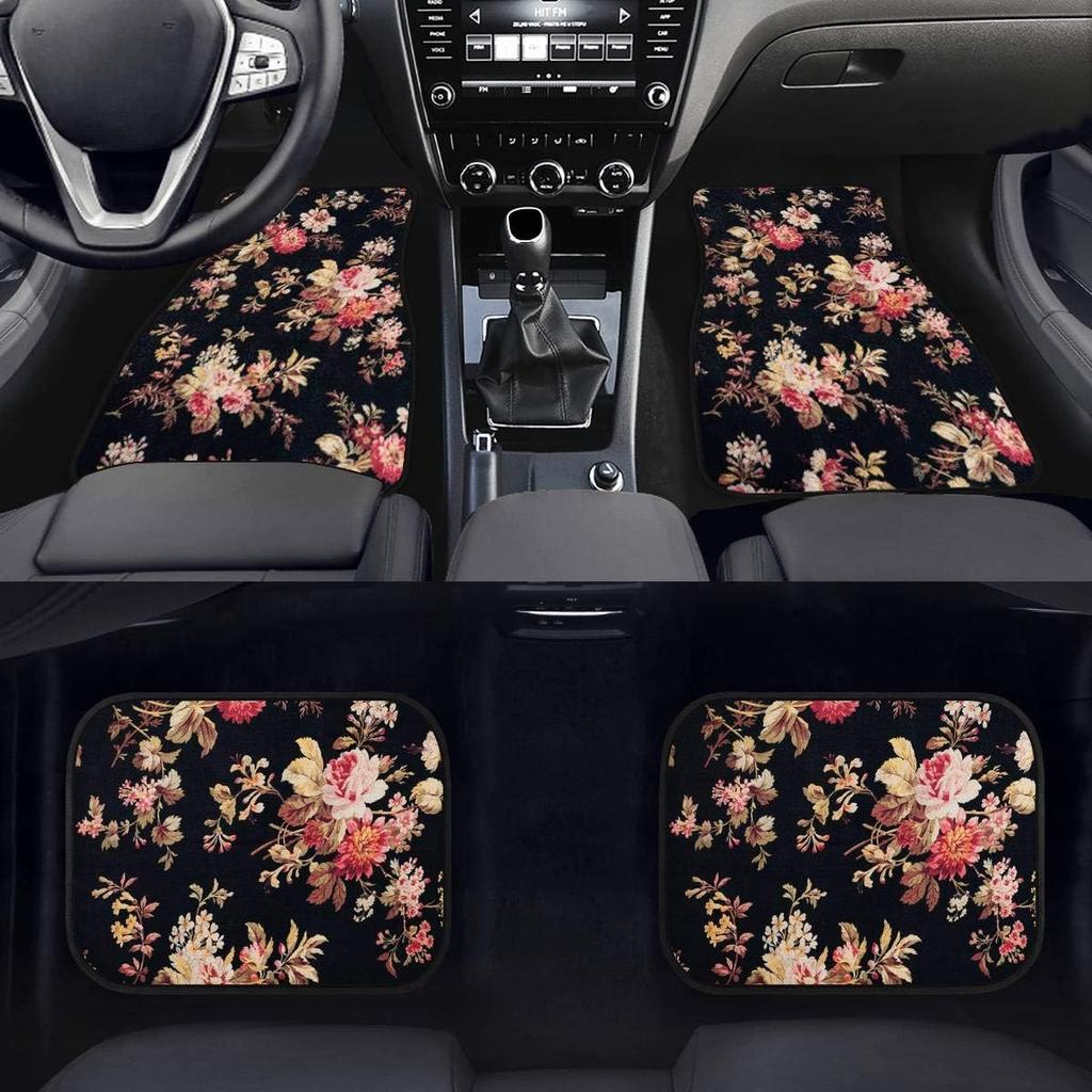 Art Flowers Pattern Car Floor Mats Front Rear Premium Carpets Mat, Set of 4 Floral Auto Foot Mats Universal Fit Vehicles,Women