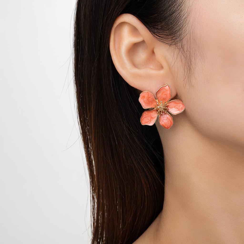 1 pair of colorful drip oil alloy earrings, elegant flower earrings for women