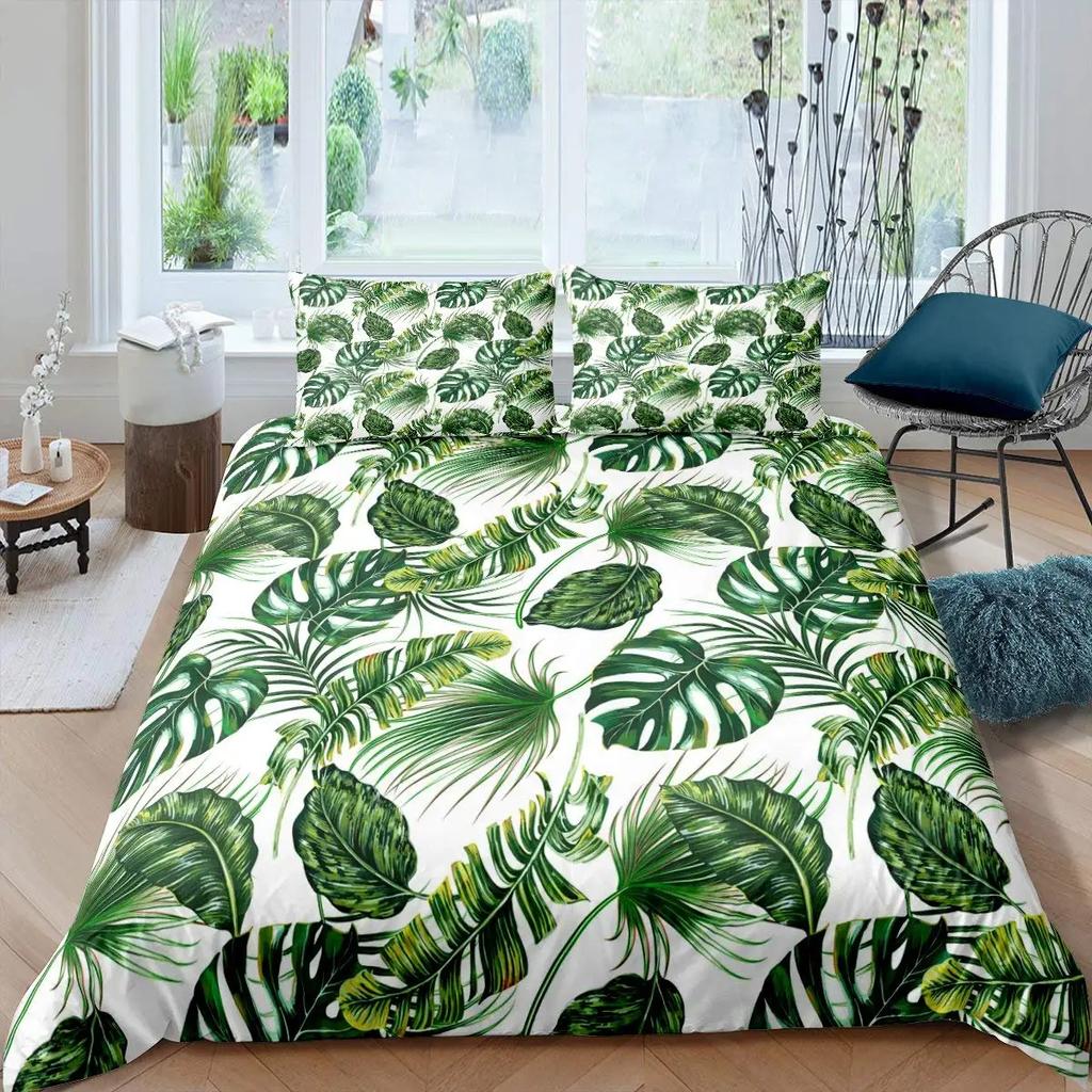 Palm Leaves Duvet Cover King Full Banana Leaves Bedding Set Hawaiian Tropical Leaves Green Branches 2/3Pcs Polyester Quilt Cover