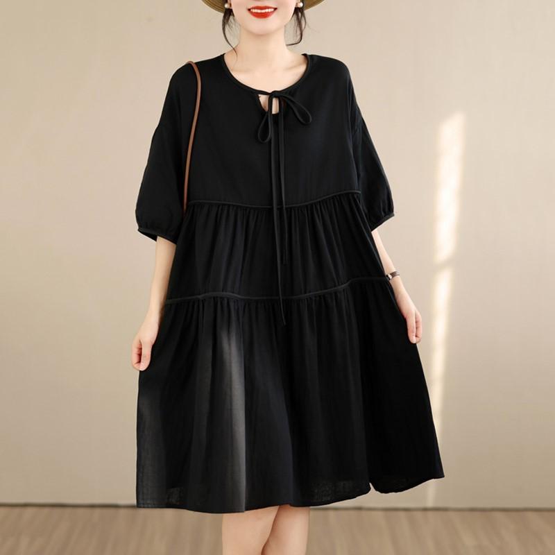 

Short sleeve Plus size Cotton linen vintage new in dresses for women casual loose midi summer dress XXL чорний