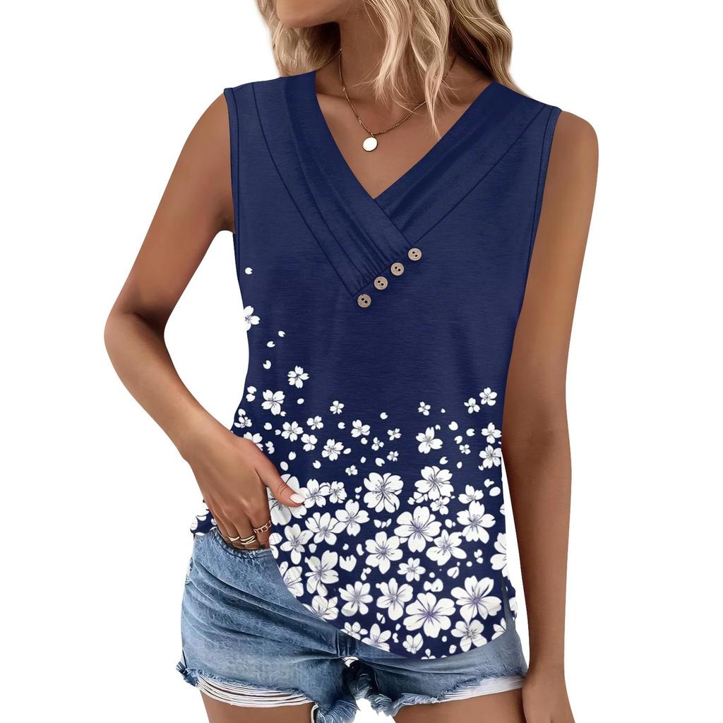Women's Print Tank Top Button-down V-neck T-shirt Sleeveless Loose Fashion Top