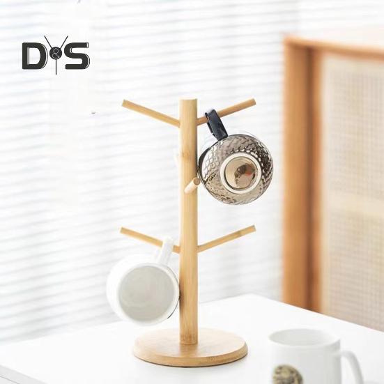Bamboe Kopjeshouder Boom 6 Haken Koffiemok Rek Antislip Koffiekop Standaard Eenvoudige Installatie Mok Organizer Standaard voor Keuken Aanrecht