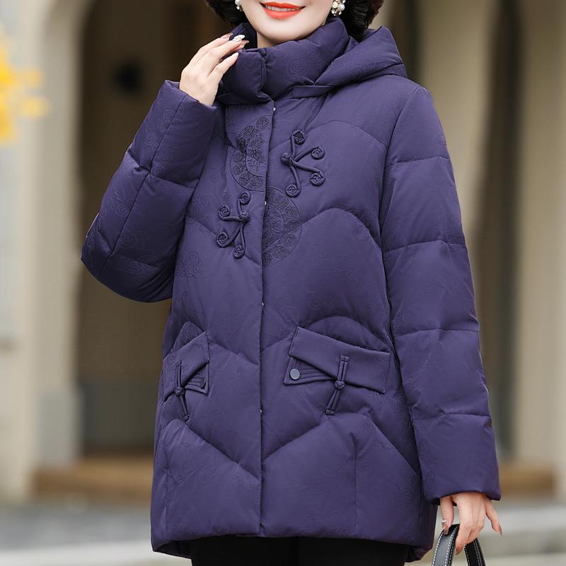 

Зимние короткие пуховики для женщин среднего возраста, винтажные парки с вышивкой, с капюшоном, элегантные, теплые, больших размеров, женская верхняя одежда 2XL фиолетовый