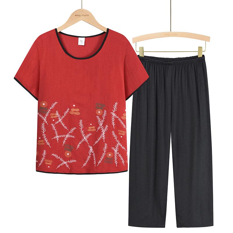 

Летние двухкомпонентные топы из хлопка и льна для женщин 60-70 лет - Короткий рукав XXXXL кирпич красный