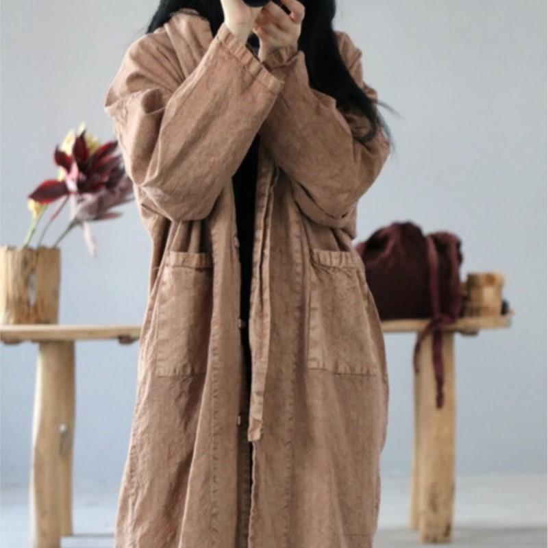 Johnature Women Vintage Solid Color Loose Coats Stand Long Sleeve Button Autumn Pockets Chinese Style Coats