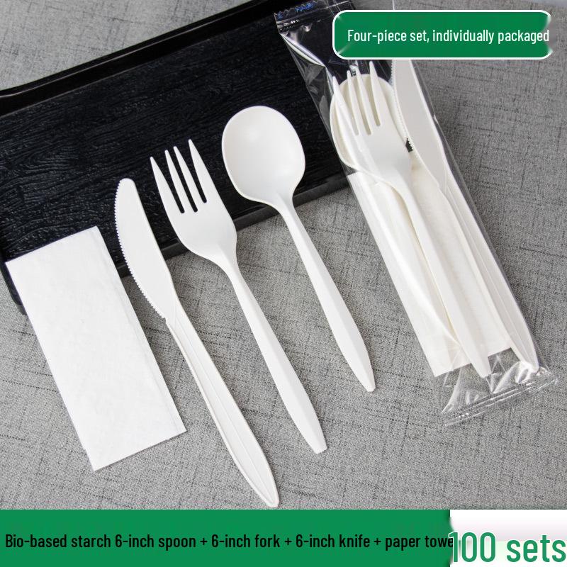 Eco-Friendly Disposable Starch Cutlery Set: Knife, Fork, Spoon - Individually Packaged 3-Piece Customizable Set.