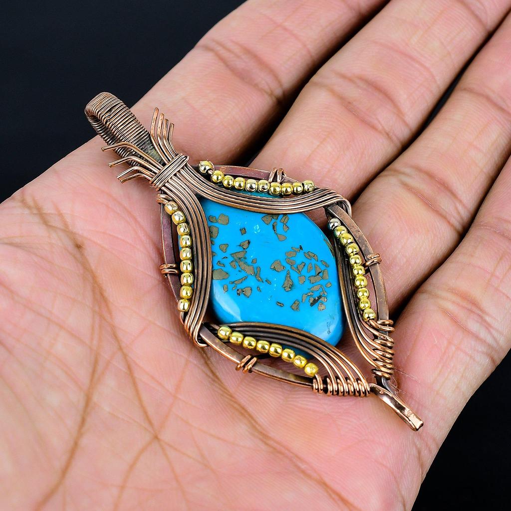 Turquoise 999 Copper Wire Wrapped Pendant, Handmade Gemstone Jewelry Pendant Gift For Birthday