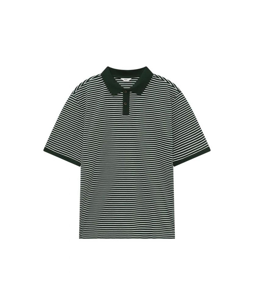NOTIG Cotton Blend Striped Collared Short Sleeve T-Shirt Green
