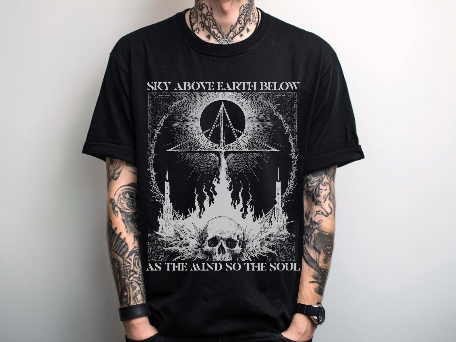 Unisex Occult Skull Gothic Graphic T-Shirt, Weirdcore Trippy Shirt, Gothic Clothes, Men s Punk Grunge Shirt, Goth Gift For Him Her S