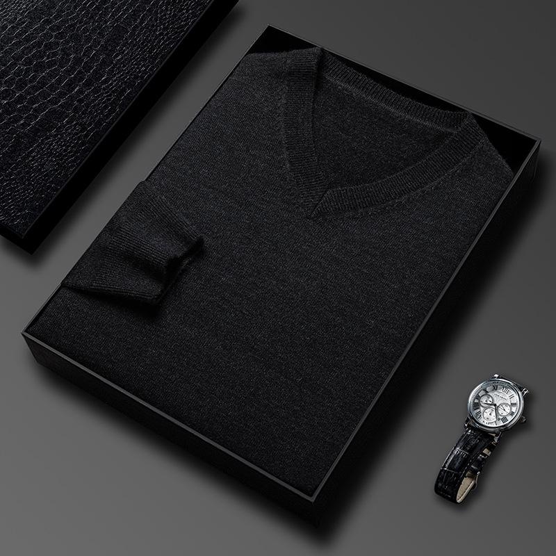 Men's Casual V-Neck Solid Color Knit Sweater - Autumn/Winter Long Sleeve Base Layer