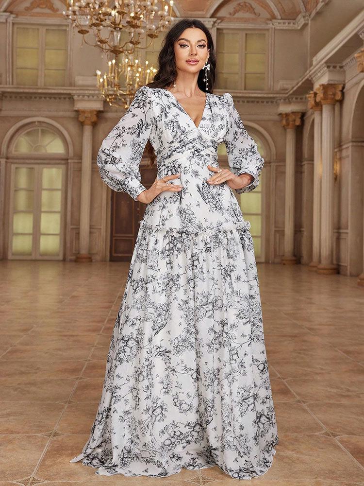 Women's European & American Fashion Chiffon Print Dress with Casual Back Tie and Long Sleeves for Evening Wear