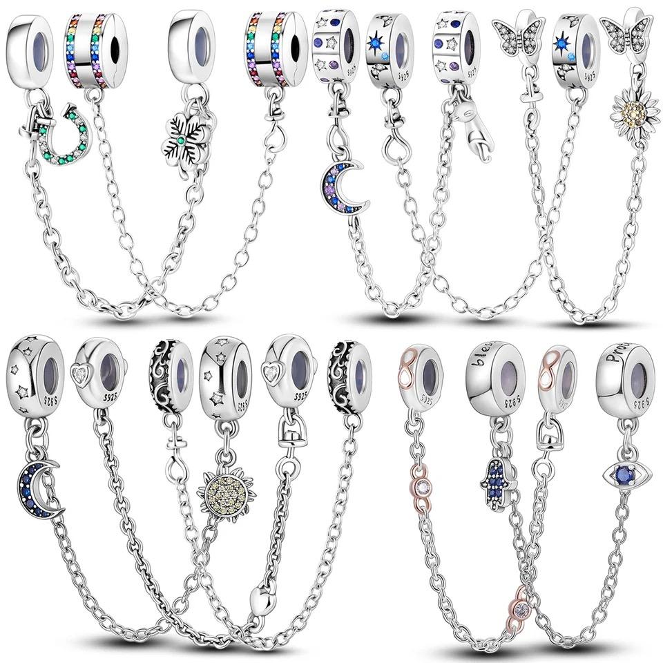 Round 925 Copper Clasp Pave Clip Charms Blue Star Moon Butterfly Slide Safety Chains Spacer Beads Fits Original Bracelet Zircon