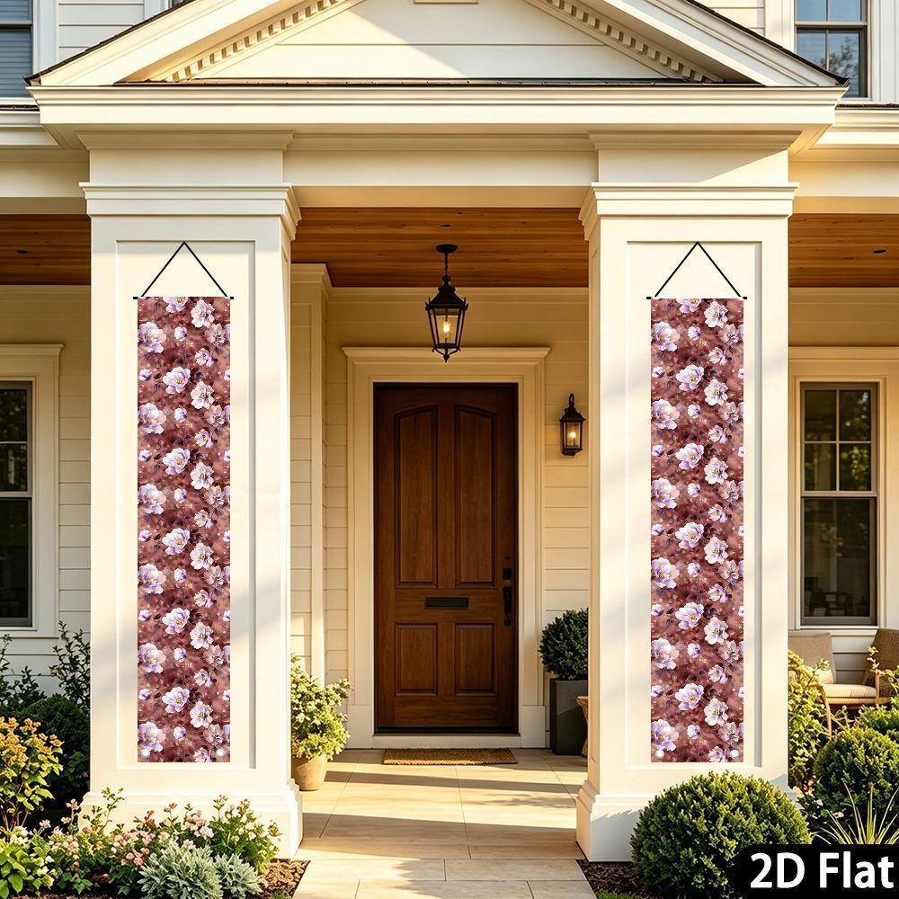 2D Flat, 2D Flat 2pcs Banner, Brown Watercolor Base with White-Pink Gradient Peony and Dark Branches/Leaves, Vintage Dark-Toned Floral Theme Porch Cou