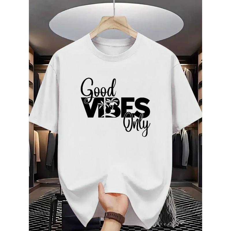 

European sizes [Everyday Comfort] Good Vibes Only Men S Black T-Shirt - Casual, Breathable, Crew Neck, Short Sleeve 4XL білий
