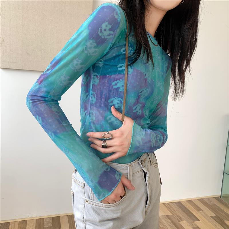 Sun Protection Garment Inner Long-Sleeve Tie-Dye T-shirt Women's Summer Mesh Undershirt Thin Ice Silk Top Cover-Up