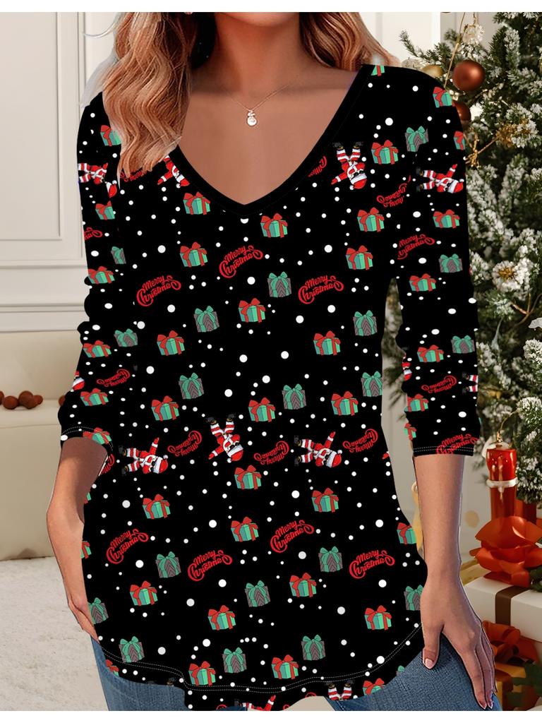 3D Juletrykk Mote Casual Dame V-hals Langermet T-skjorte - Nyttårsfest Klær Julegave
