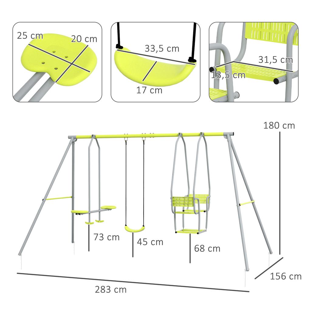 3-in-1 Children's Swing Set with 2 Face-to-Face Seats and 1 Swing Seat Max. Load 225 kg Green