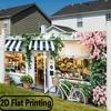 2D Vintage Florist Shop Backdrop, Cute Town Flower Store with Awning and Ivy Background Cloth
