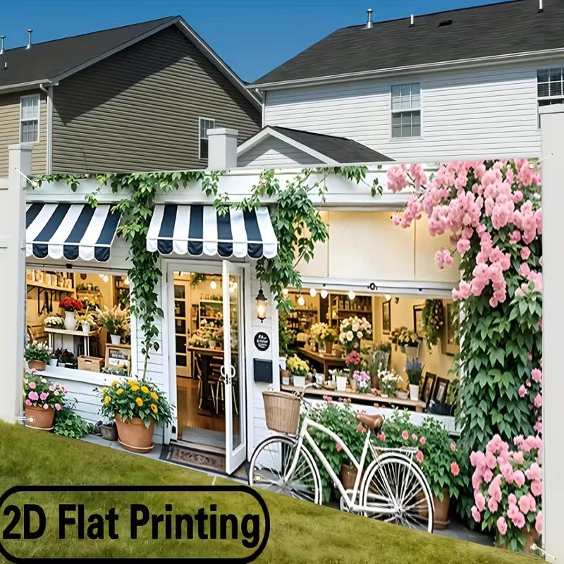 

2D Vintage Florist Shop Backdrop, Cute Town Flower Store with Awning and Ivy Background Cloth 47.2x31.5inch/120*80cm