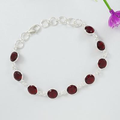 Round Natural Garnet Bracelet, 925 Sterling Silver Bezel Bracelet, Red Gemstone Bracelet, Gift for Wife
