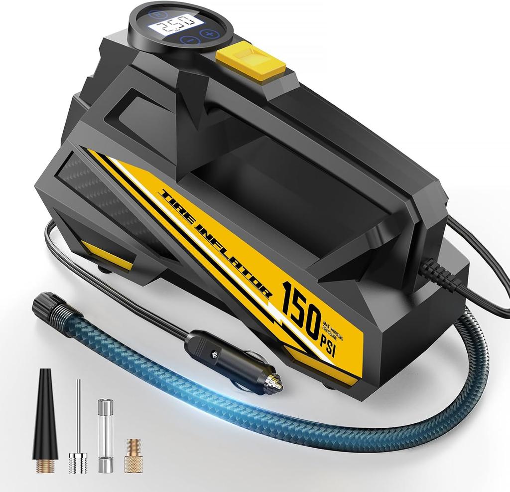 Tire Inflator Portable Air Compressor - DC 12V Air Pump for Car Tires with 150PSI LCD Digital Gauge & Emergency LED Light,Auto Tire Pump for Cars