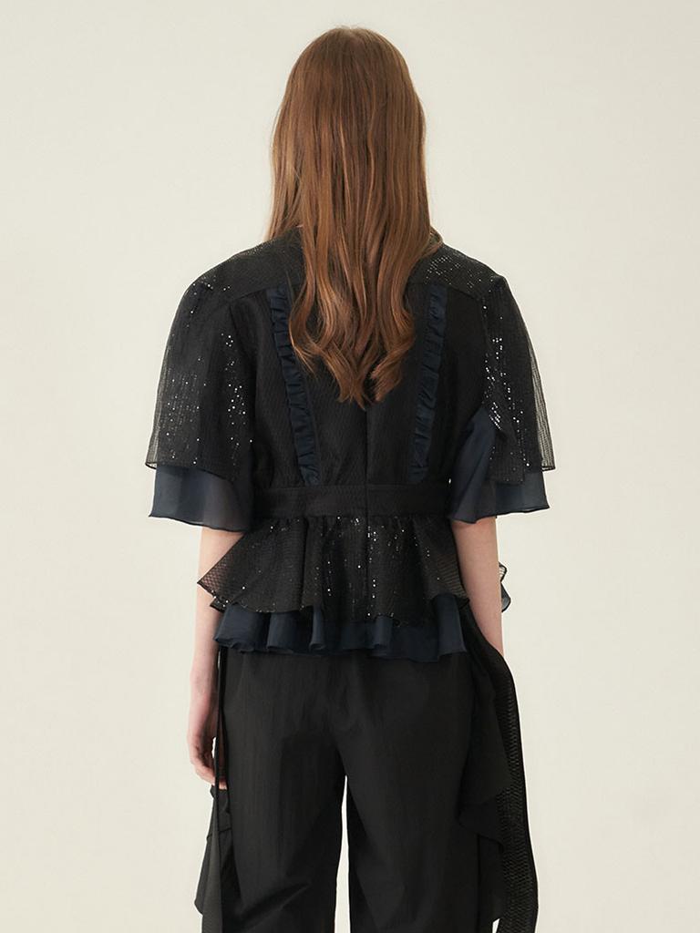 CAHIERS Black Sequin Cotton Silk Cape Tiered Frill Blouse