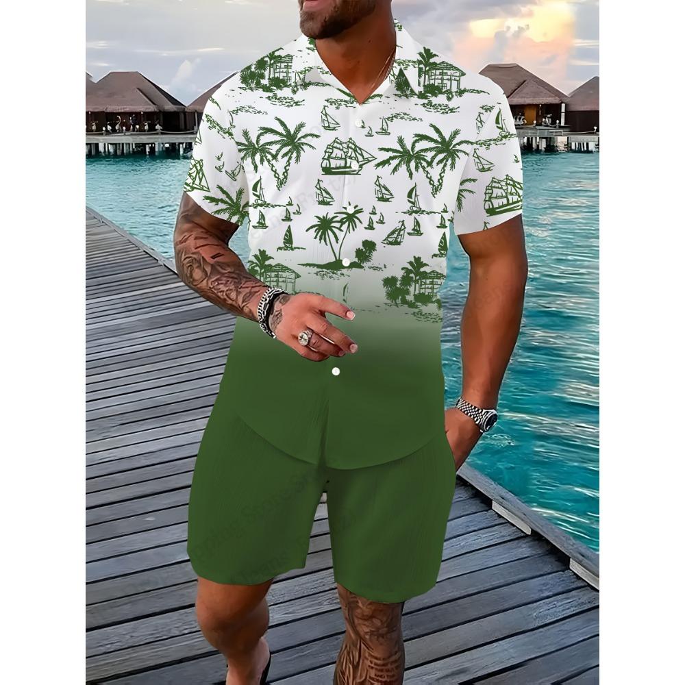 Sailing Tree Hawaiian Shirt Set Beach Animal 3d Print Sets Men Fashion Shirt+Short 2pcs Lapel New Suit Leisure Holiday Tracksuit