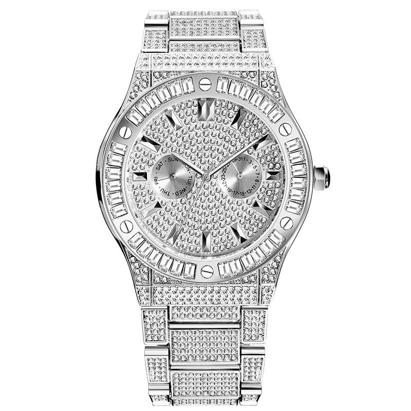 MISSFOX Mens Quartz Watch Bling Full Round Dial Waterproof 30M Classic Gold Plated Hip Hop Style