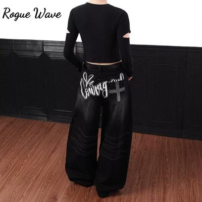 RogueWave Y2k Vintage Black Letter Embroidery Jeans Washed Harajuku Wide Leg American Retro Scimitar Denim Pant Baggy Casual